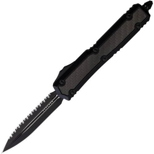 MCT2063TCFIS Automatic opening. 5.13" (13.03cm) closed. 3.38" (8.59cm) black Cerakote finish serrated stainless dagger blade. Black anodized aluminum handle with carbon fiber inlay. Glass breaker. Lanyard hole. Pocket clip. Double edge blade. Nickel Boron internals. Signature Series.