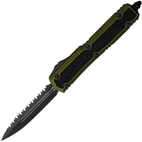 MCT2063ODS Automatic opening. 5.13" (13.03cm) closed. 3.38" (8.59cm) black Cerakote finish serrated stainless dagger blade. OD green anodized aluminum handle with black textured insert. Glass breaker. Lanyard hole. Pocket clip. Double edge blade. Nickel Boron internals. Signature Series.