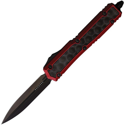MCT2061DLCTR Automatic opening. 5.13" (13.03cm) closed. 3.38" (8.59cm) black DLC coated double edge stainless dagger blade. Red anodized aluminum handle with black bubble aluminum insert. Glass breaker. Lanyard hole. Pocket clip. Nickel Boron internals. Signature Series.