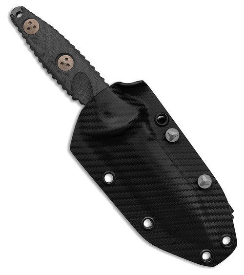 MCT114M1DLCCFS 8.17" (20.75cm) overall. 3.75" (9.53cm) black DLC coated premium steel tanto blade. Carbon fiber handle. Full, extended tang. Lanyard hole. Black Kydex belt sheath.