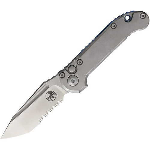 MCT113611MS3 Automatic opening. 4.5" (11.43cm) closed. 3.5" (8.89cm) stonewash finish partially serrated Bohler M390MK stainless tanto blade. Stonewash finish titanium handle. Lanyard hole. Pocket clip. Marfione Select. Blue titanium and double vapor blast stainless accents.