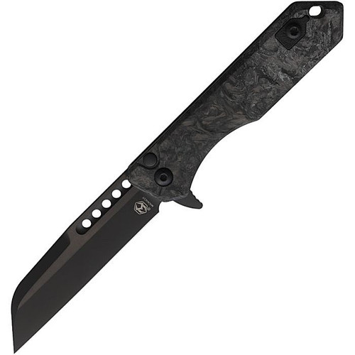 H2136AMGCF 4.5" (11.43cm) closed. 3" (7.62cm) black DLC coated CPM MagnaCut stainless Wharncliffe blade. Glow carbon fiber handle. Extended tang. Pocket clip.
