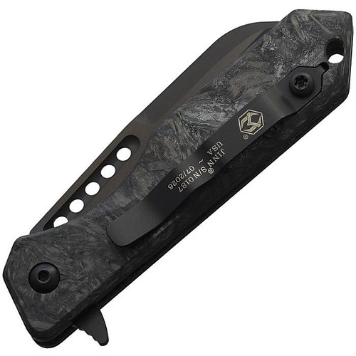 H2136AMGCF 4.5" (11.43cm) closed. 3" (7.62cm) black DLC coated CPM MagnaCut stainless Wharncliffe blade. Glow carbon fiber handle. Extended tang. Pocket clip.