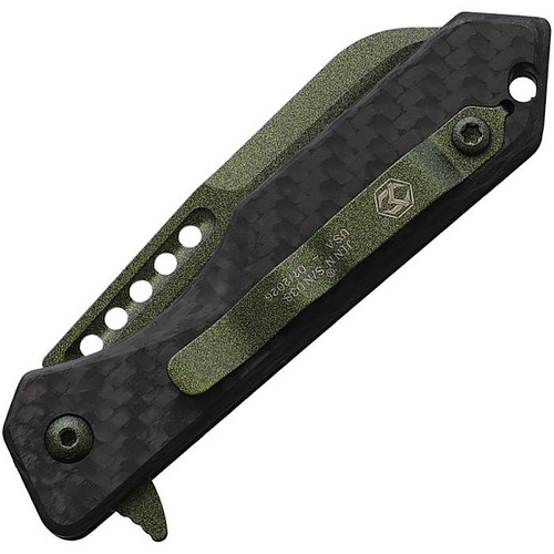 H213MGCF 4.5" (11.43cm) closed. 3" (7.62cm) CPM MagnaCut stainless Wharncliffe blade. Carbon fiber handle. Extended tang. Pocket clip. Green metallic coated blade, accents, and pocket clip.