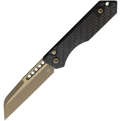 H1137ACF Automatic opening. 4.5" (11.43cm) closed. 3" (7.62cm) bronze finish CPM MagnaCut stainless Wharncliffe blade. Carbon fiber handle. Lanyard hole. Pocket clip.