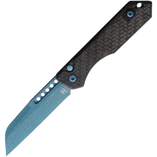 H113MTCF Automatic opening. 4.5" (11.43cm) closed. 3" (7.62cm) CPM MagnaCut stainless Wharncliffe blade. Carbon fiber handle. Lanyard hole. Pocket clip. Metallic teal finish blade.