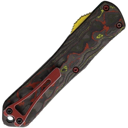 H026B14BBOUNTY Automatic opening. 4.75" (12.07cm) closed. 3" (7.62cm) two-tone finish partially serrated MagnaCut steel bowie blade. Teal Battleworn aluminum handle with carbon fiber back handle. Lanyard hole. Pocket clip. Glass breaker.