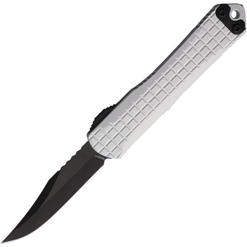 H022BF6ANAT Automatic opening. 3.88" (9.86cm) closed. 2.63" (6.68cm) black DLC coated CPM MagnaCut stainless bowie blade. Natural grenade pattern aluminum handle. Lanyard hole. Pocket clip. Glass breaker.
