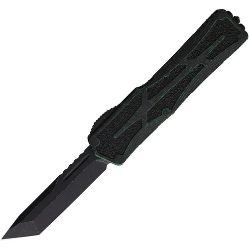 H0408ABRKGRN Automatic opening. 5.13" (13.03cm) closed. 3.5" (8.89cm) black stonewash finish CPM MagnaCut stainless tanto blade. Breakthrough green aluminum handle with black traction inlay. Glass breaker. Pocket clip.