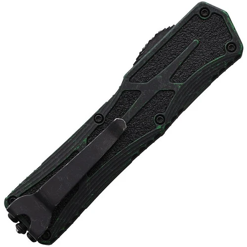 H0408ABRKGRN Automatic opening. 5.13" (13.03cm) closed. 3.5" (8.89cm) black stonewash finish CPM MagnaCut stainless tanto blade. Breakthrough green aluminum handle with black traction inlay. Glass breaker. Pocket clip.