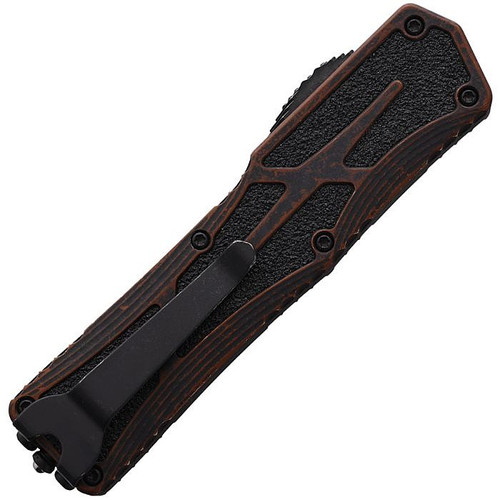 H0408ABRKRB Automatic opening. 5.13" (13.03cm) closed. 3.5" (8.89cm) black stonewash finish CPM MagnaCut stainless tanto blade. Rootbeer aluminum handle with black traction inlay. Glass breaker. Pocket clip.