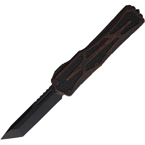H0408ABRKRB Automatic opening. 5.13" (13.03cm) closed. 3.5" (8.89cm) black stonewash finish CPM MagnaCut stainless tanto blade. Rootbeer aluminum handle with black traction inlay. Glass breaker. Pocket clip.