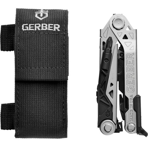 G1193 4.7" closed. 6.6" overall. 0 Gray stainless handle. Tools include: Pliers l Wire cutter l Hex driver l Flat head screwdriver l Ruler l Bottle opener l Pry bar l Awl l Nail file l Locking Components l Lanyard loop l Needlenose pliers l Wire stripper l Large blade l Serrated blade l File. X-Channel rail system. Magnetic 3.2" center axis bit driver. Magnetic flat head and phillips bits. Black nylon belt sheath.