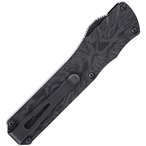 CRA1101 Automatic opening. 4" (10.16cm) closed. 2.63" (6.68cm) black TiNi finish double edge MagnaCut steel spear point blade. Black sculpted aluminum handle with Black Pearl camo carbon fiber back handle. Pocket clip.