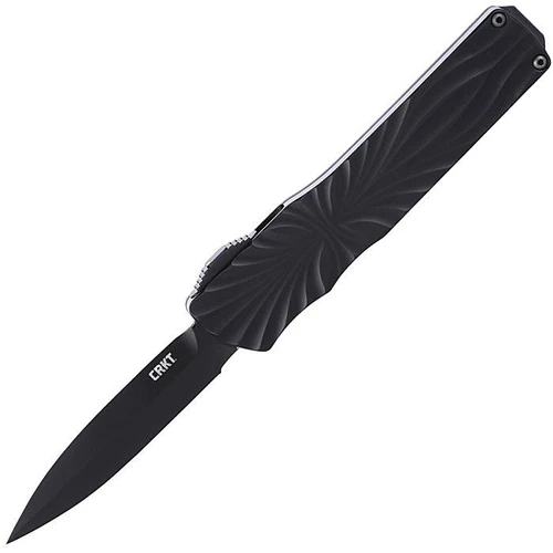 CRA1101 Automatic opening. 4" (10.16cm) closed. 2.63" (6.68cm) black TiNi finish double edge MagnaCut steel spear point blade. Black sculpted aluminum handle with Black Pearl camo carbon fiber back handle. Pocket clip.