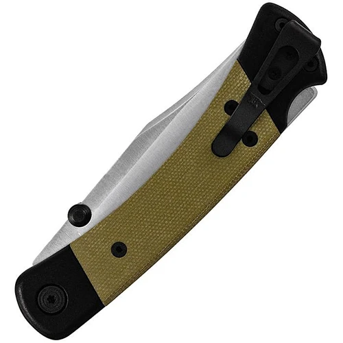BU110GRS5 5" (12.7cm) closed. 3.75" (9.53cm) satin finish CPM S35VN stainless clip point blade. Black anodized aluminum handle with green micarta inlay. Thumb stud. Pocket clip.