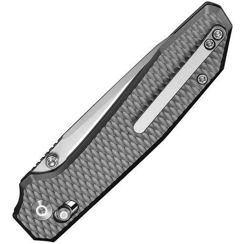 CE260291 4.38" (11.13cm) closed. 3.38" (8.59cm) satin finish CPM S35VN stainless drop point blade. Gray aluminum handle. Thumb stud. Pocket clip. Diamond pattern handle. Black nylon zippered storage case.