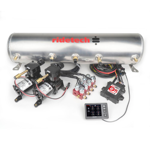 Ridepro E5 Air Suspension Control System W/ 5 Gallon Tank 2 Air Compressors 5 Gallon Tank Ridepro Electric Valve Touch Screen Display Ecu Pressure Sensors Wiring Harness 1/4 Inch Airline And Fittings Ridetech 30534100 - RLTP-30534100