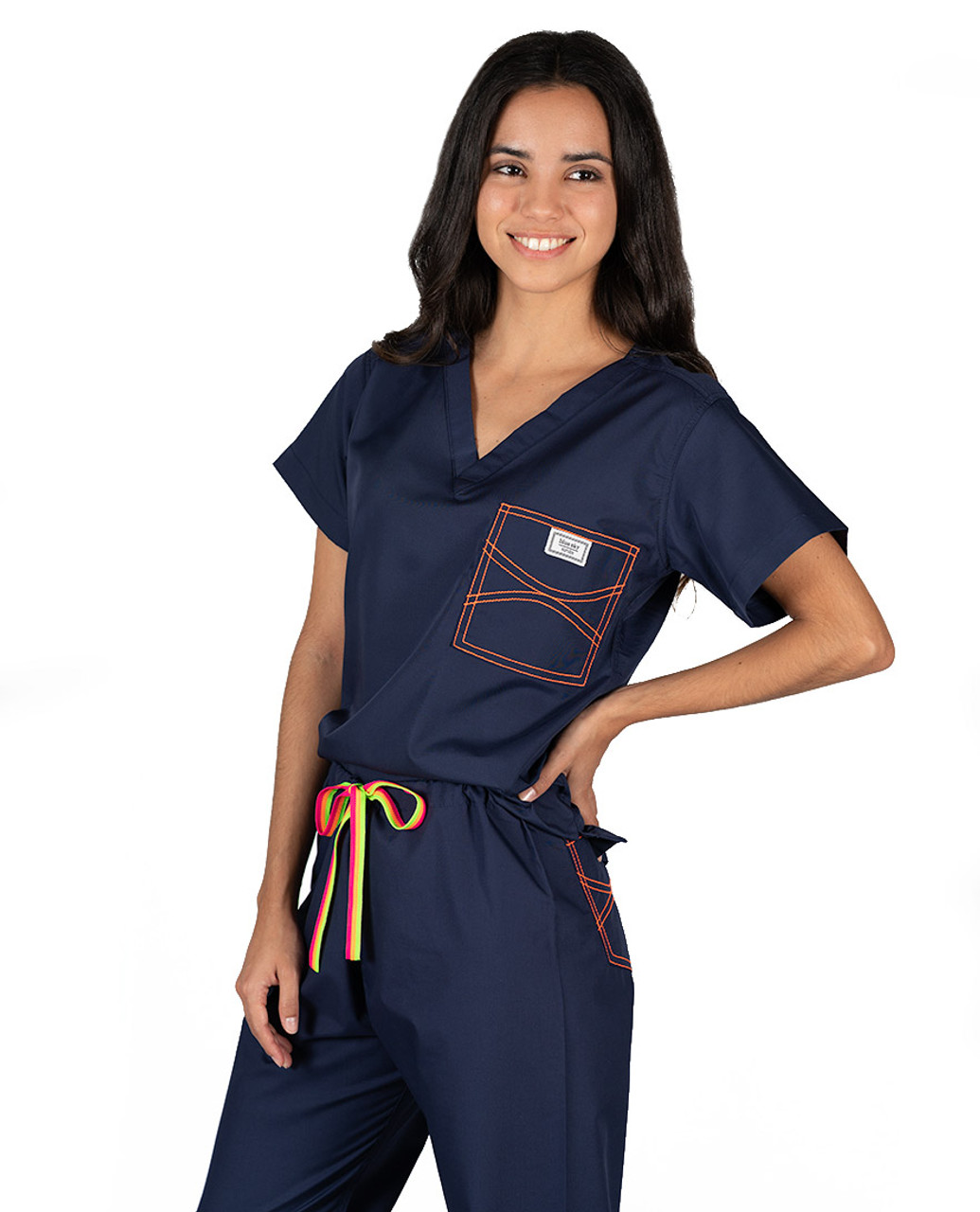 Blue Sky Co.  Limited Edition Shelby Scrub Pants - Navy with Neon Orange  Stitching and Neon Striped Tie