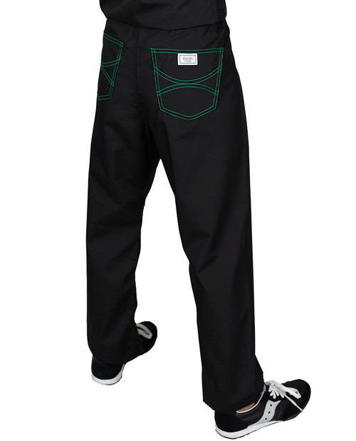 Limited Edition Shelby Scrub Pants - Black With Emerald Green Stitching and Green/Red Tie