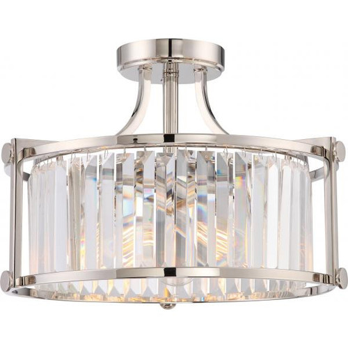 Satco 60-5763 | Krys; 3 Light; Crystal Semi-Flush Fixture with 60W Vintage Lamps Included; Polished Nickel Finish