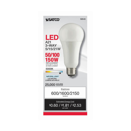 Satco | S8545 | 5 Watt/15 Watt/21 Watt A21 LED 3-way Frosted 5000K Medium Base