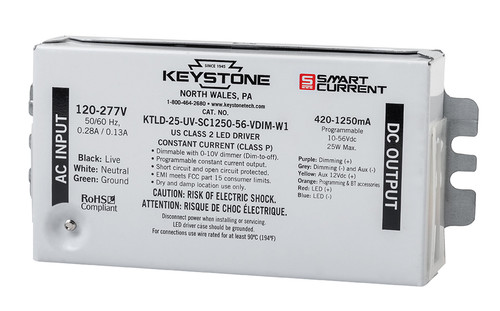 Keystone KTLD-25-UV-SC1250-56-VDIM-W1-CP 25W LED Driver, 420-1250mA, 10-56V, Dimmable, 120-277V