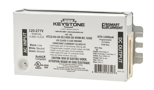 Keystone KTLD-40-UV-SC1400-56-VDIM-W1/USB 40W LED Driver, 470-1400mA, 10-56V, Dimmable, 120-277V