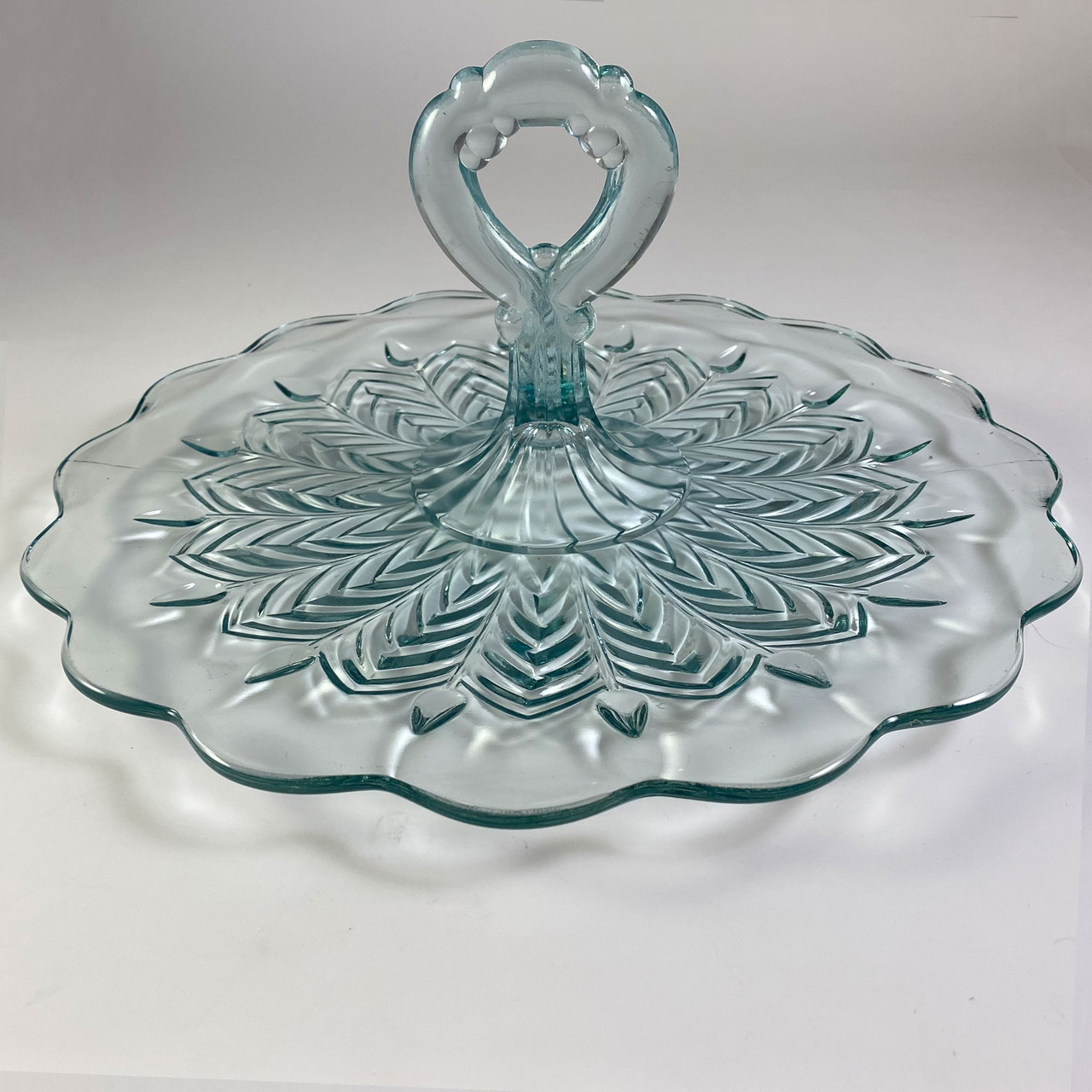 1950's Jeannette Glass Feather Blue Center Handle Serving Tray