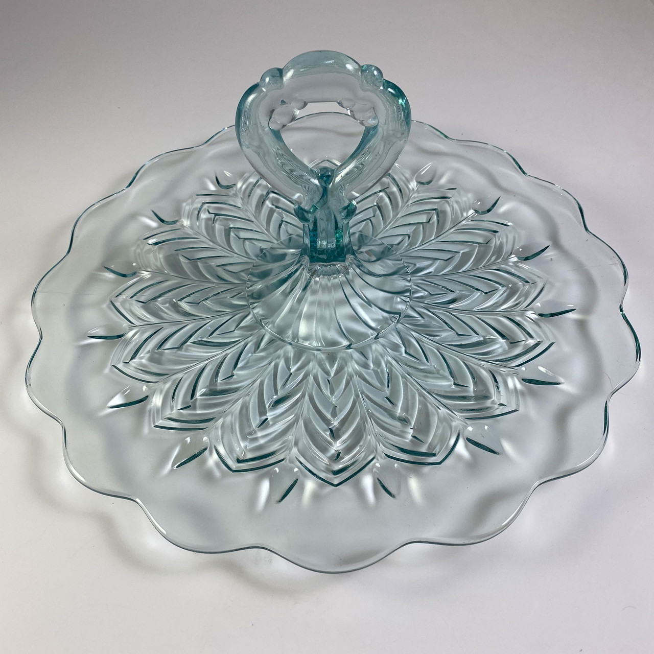 1950's Jeannette Glass Feather Blue Center Handle Serving Tray