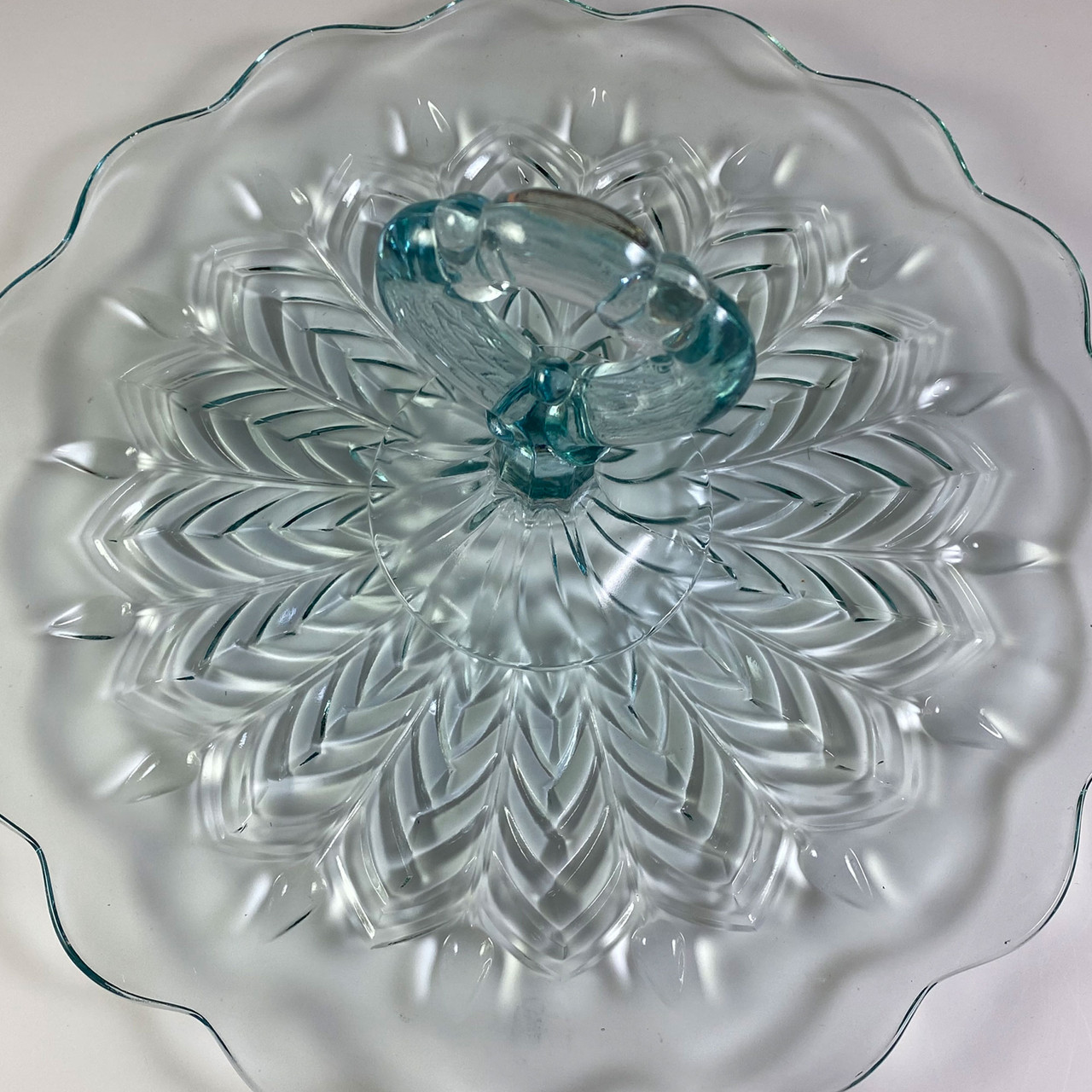 1950's Jeannette Glass Feather Blue Center Handle Serving Tray