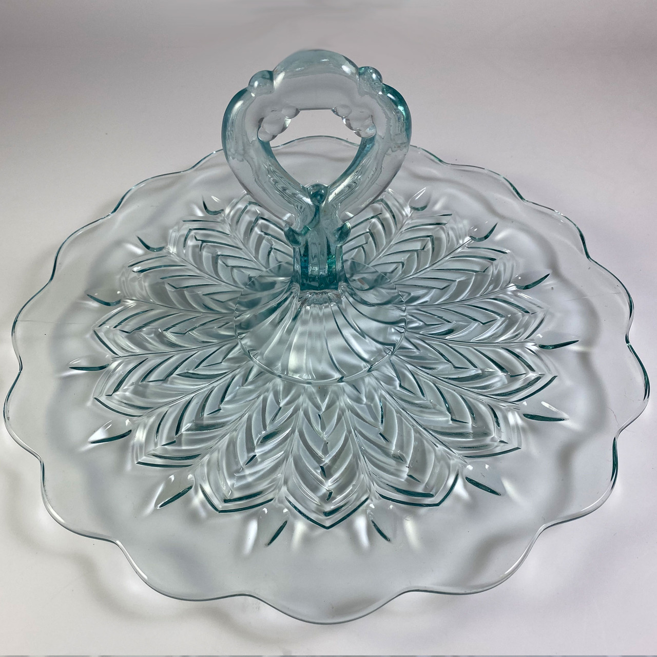 1950's Jeannette Glass Feather Blue Center Handle Serving Tray