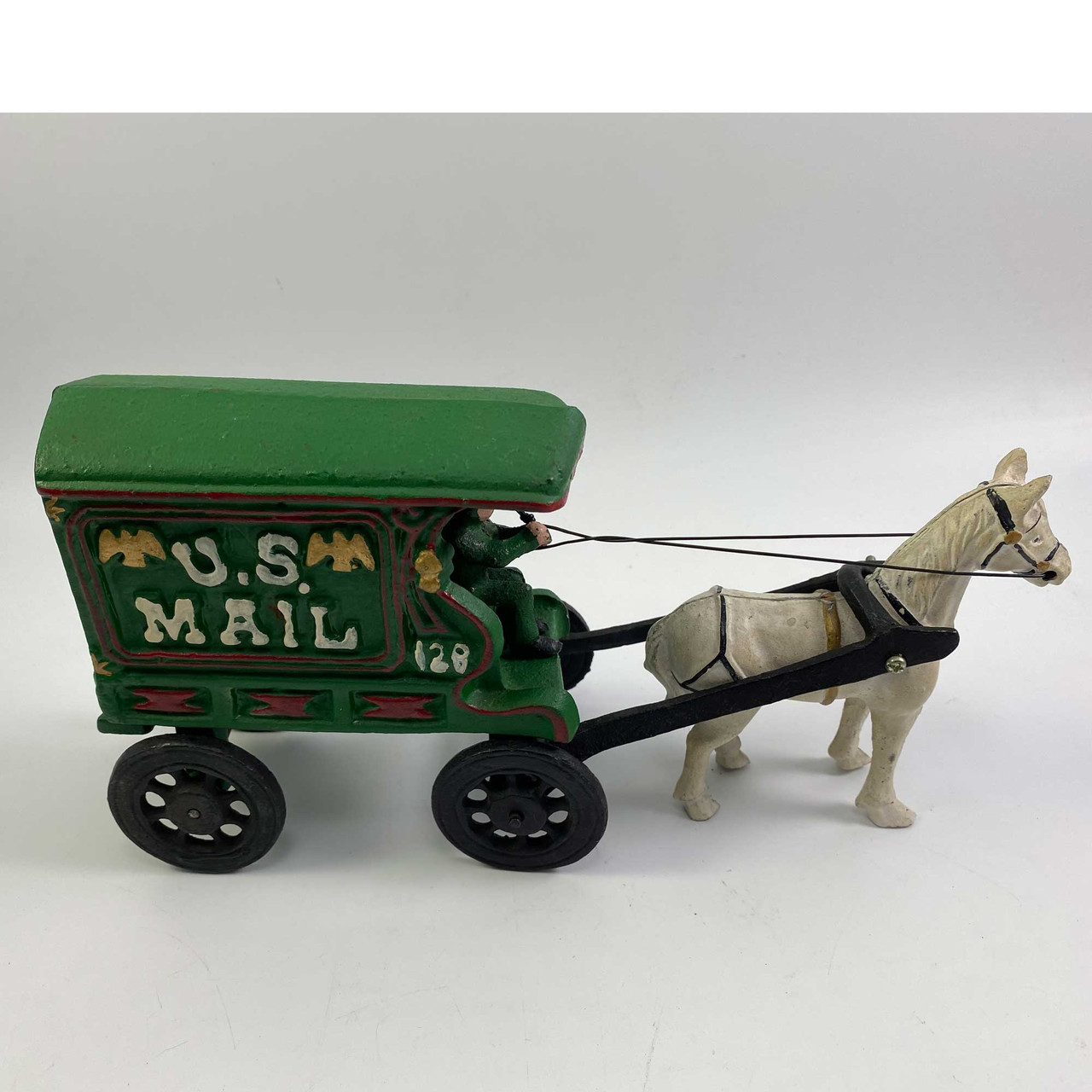 Vintage Heavy Cast Iron US Mail 128 Wagon/Carriage With Horse and Driver