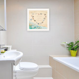 "No Selfies in the Bathroom-Sea" in a white grooved frame, shown in a lifestyle setting