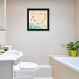 "No Selfies in the Bathroom-Sea" in a black grooved frame, shown in a lifestyle setting