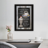 "Everyday starts with Coffee" in a black grooved frame, shown in a lifestyle setting