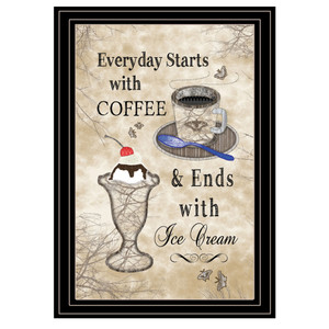 "Everyday Starts with Coffee" in a black grooved frame with a nature style background. "Everyday Starts with Coffee" in a black grooved frame with a nature style background.