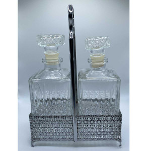 Vintage French pressed glass set includes (2) whiskey decanters in a metal tray Vintage French pressed glass set includes (2) whiskey decanters in a metal tray