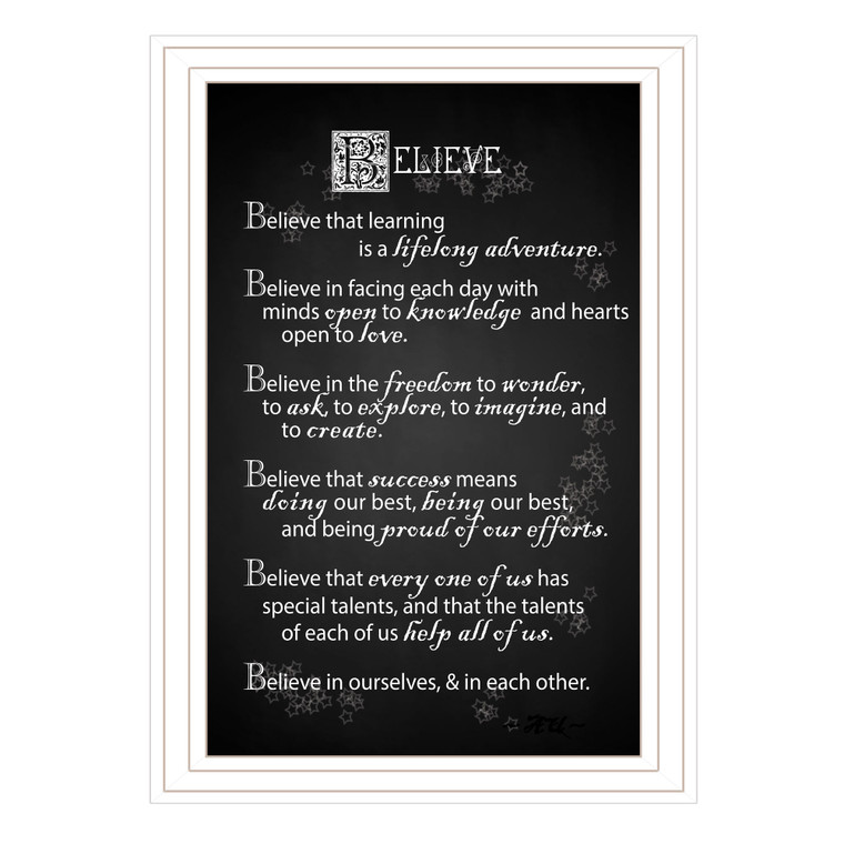 "Believe" in a white-grooved frame