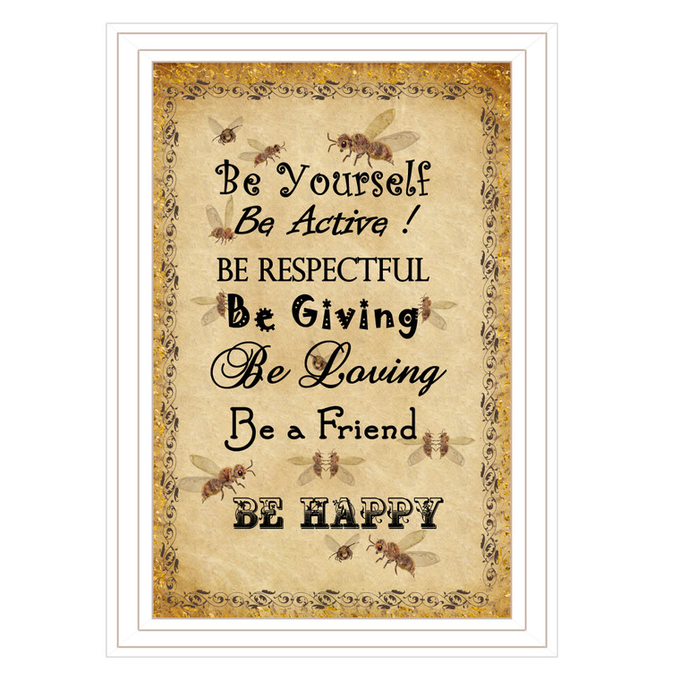 "Be Happy" in a white grooved frame - front view