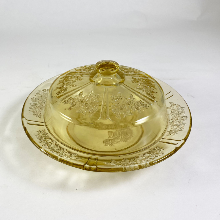 Federal Glass Amber "Sharon" Cabbage Rose  Cheese/Butter Dish 8 " with lid