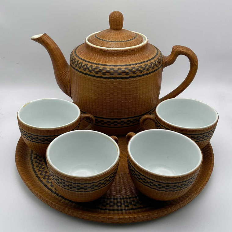 Qing dynasty bamboo weave Over Porcelain Panda tea set Pot With Lid 4 Cups and tray