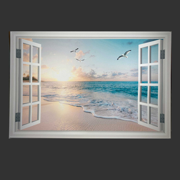 Looking out the Windows to View the Beach and Sea Gulls Canvas. Image: © Modern2Historic