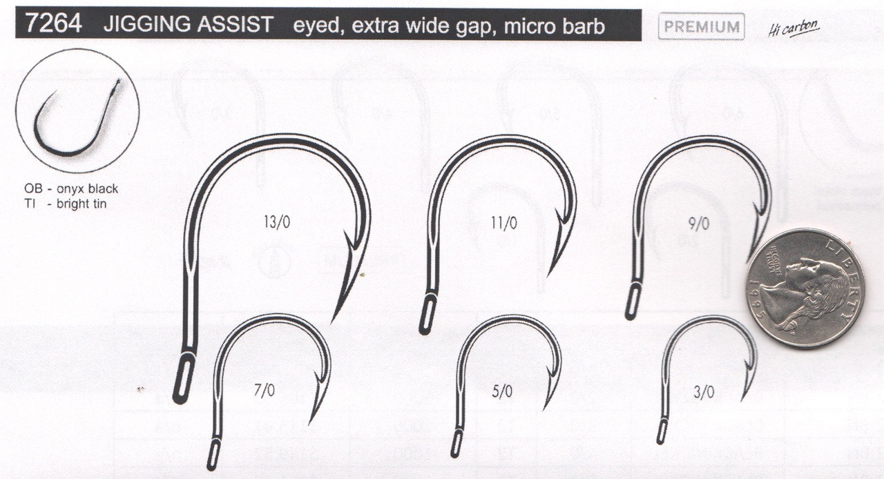 VMC Jigging Assist Hook - Made in France - Quality is darn near equal what is coming out of Japan and at a more competitive price.  VMC is a true maker of hooks not a re-brander that stuff little fancy packages named Shout! or other

Geometry is custom engineered for Jigging - the barb is extremely strong and will drive easily into the toughest of Bluefin gil plates to all species of grouper, snapper and more.  