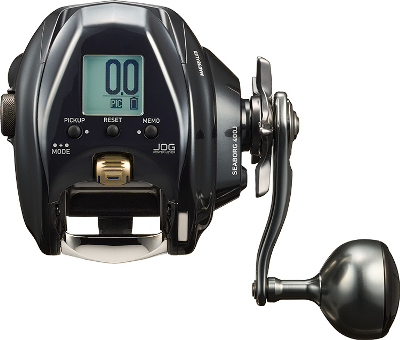 The SEABORG400J is a lightweight and compact electric reel designed to provide power and speed for comfortable fishing. It weighs 585g, which is 240g lighter than the SEABORG500JP, making it suitable for fishing that was traditionally done with a larger 500 size reel but with the convenience and handling of a 300 size reel. The SEABORG400J is capable of handling various types of fish, including spears, dried squids, red sea bream, blue-skinned fish, and mid-deep sea species.

The reel incorporates advanced technologies to enhance performance and functionality. It features a one-hand comfortable operation JOG power lever made of aluminum, allowing delicate operation even with wet fingers. The MAGMAX motor provides torque and instantaneous power equivalent to a 500 size reel, with a JAFS standard hoisting force of 14kg and maximum drag force of 16kg through the ATD (automatic drag system).