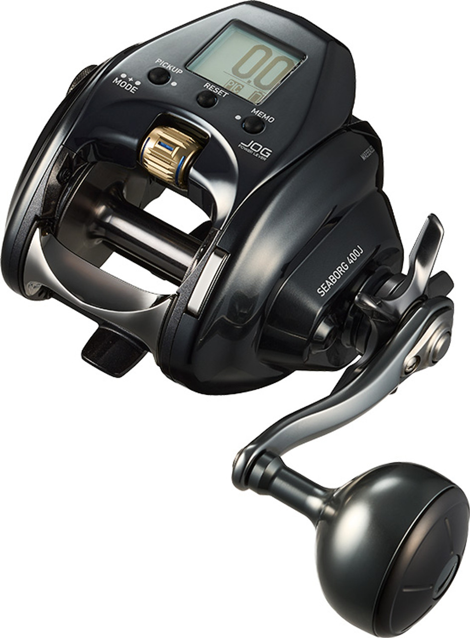 The SEABORG400J also includes features such as waterproof and durable Mag shield ball bearings, a fall brake dial for adjusting the fall speed, a highly visible dot liquid crystal counter, and electric mobile settings. The reel is designed for easy thread length input, maintenance history tracking, various function settings, and registered name insertion.