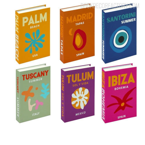 Tuscany Summer Typography Botanical Abstract Retro 6 Piece Fake Book Décor Set for Study Room