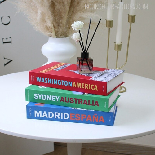 Madrid Espana Typography World Buildings Series Modern 3 Piece Faux Book Set for Shelf Decor Book