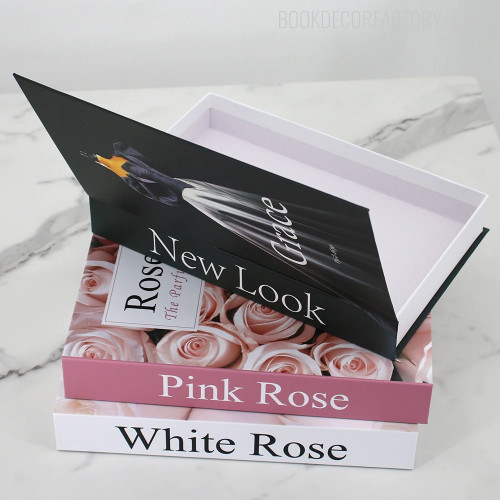 White Rose Typography Modern Home Decor 3 Piece Fake Book Set for Coffee Table Decor