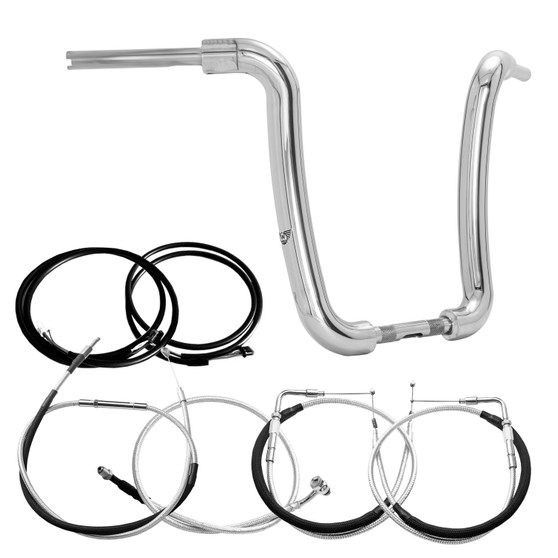 Ape Curve Rhino 2" Handlebars Kit + Mechanical Cables + Extension Wiring Kit for Harley-Davidson Fat Boy without Electronic Throttle - Polished Stainless Steel